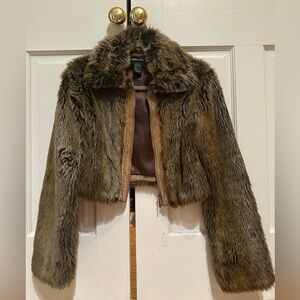 Vintage Wet Seal Faux Fur Cropped Jacket with Faux Suede Trim & Flare Sleeves.